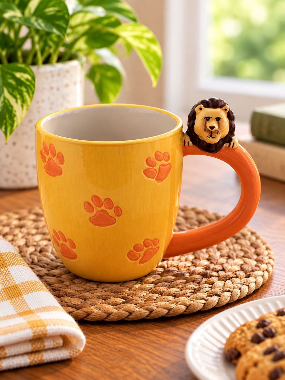 Pier 1 Imports Lion Surprise Mug Yellow Orange Paw Print 3D Handle Cup 12 oz